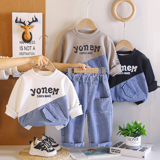 Boys' Spring Autumn Outfit 2026 New Children's Fall Clothing Letter Patchwork Denim Sports Two-Piece Set Trendy and Stylish