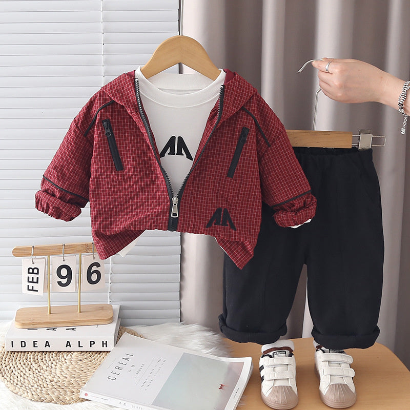 Boys' Spring and Outfit 2026 New Fashionable Children's Hooded Plaid Three-Piece Set Baby Autumn Casual Jacket