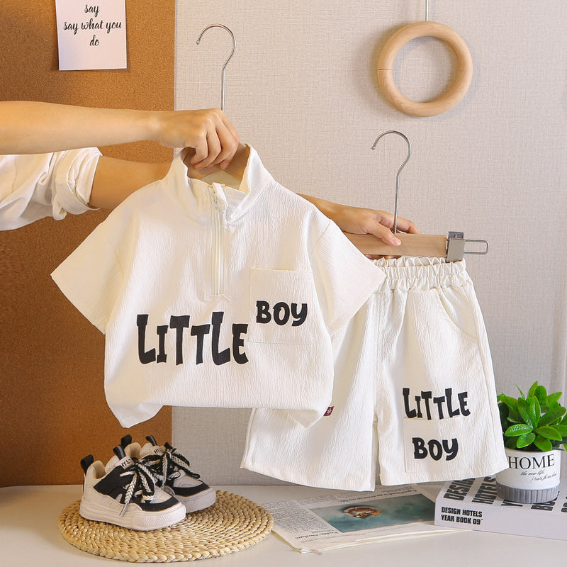 Summer boys' outfit stylish toddler letter print half-zip short-sleeve suit casual fashion sporty children's clothing trendy