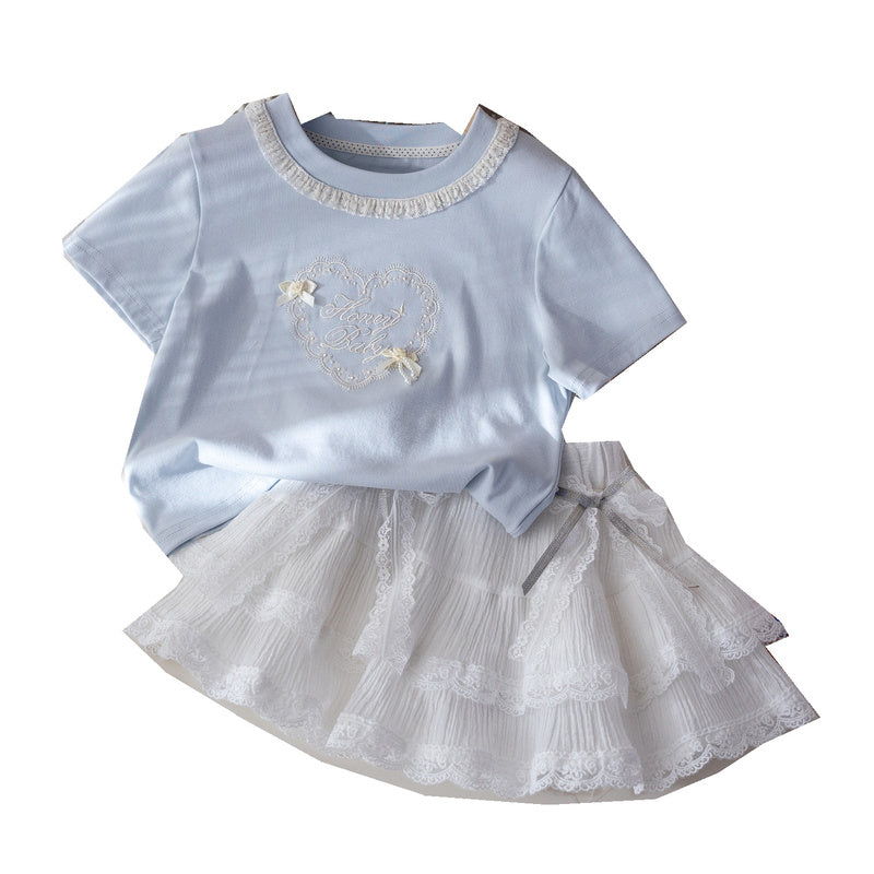 Children's Summer Outfit Girls' Short Sleeve T-Shirt Round Neck Top Lace Cake Skirt Stylish Kids' Two-Piece Set