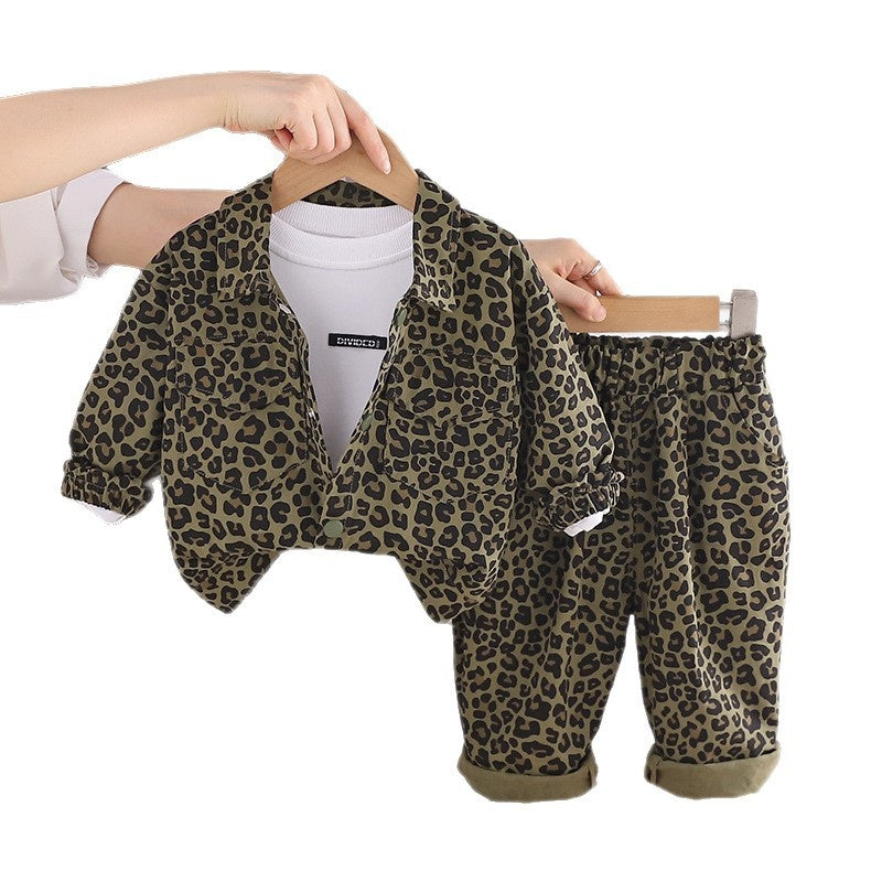 Baby Boy Spring and Autumn Outfit 2026 New Fashionable Toddler Korean Style Casual Leopard Print Long Sleeve Three-Piece Set
