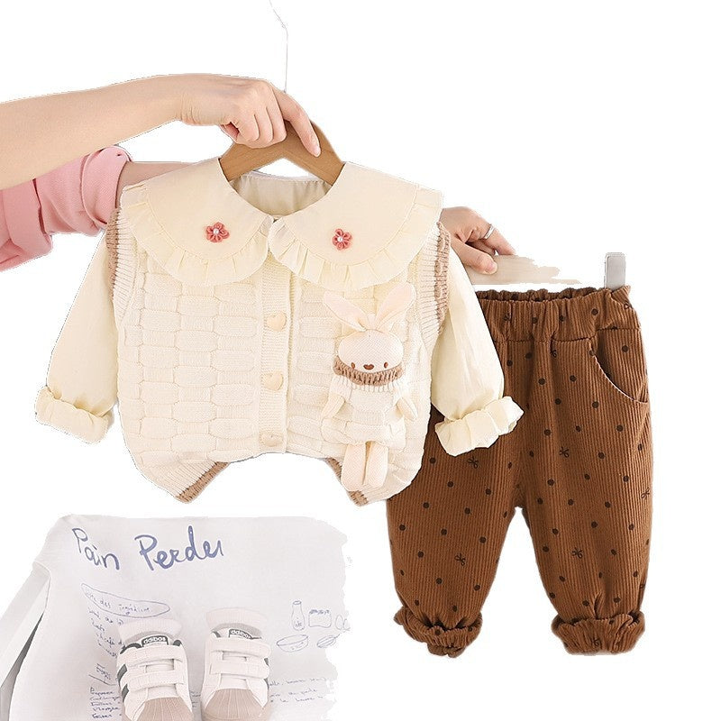 Baby girl spring outfit set, stylish children's clothing for toddlers, 1-3 years old, trendy pocket bunny sweater three-piece set