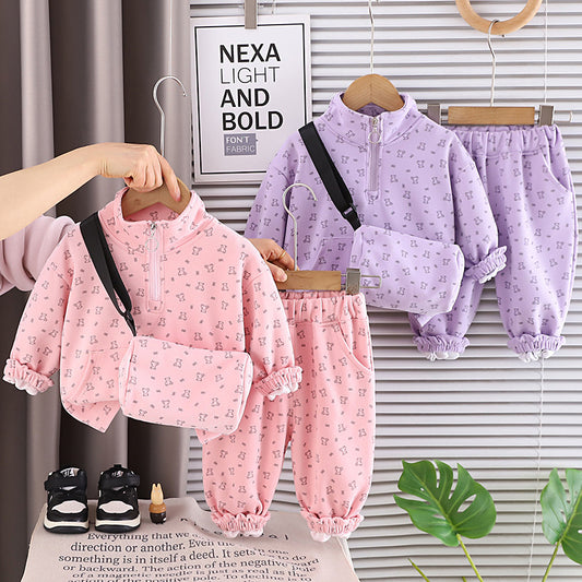 Girls' Autumn Outfit Set, Stylish Baby Girl Spring/Autumn Full-Print Bear Crossbody Bag Two-Piece Set for Infant Girls