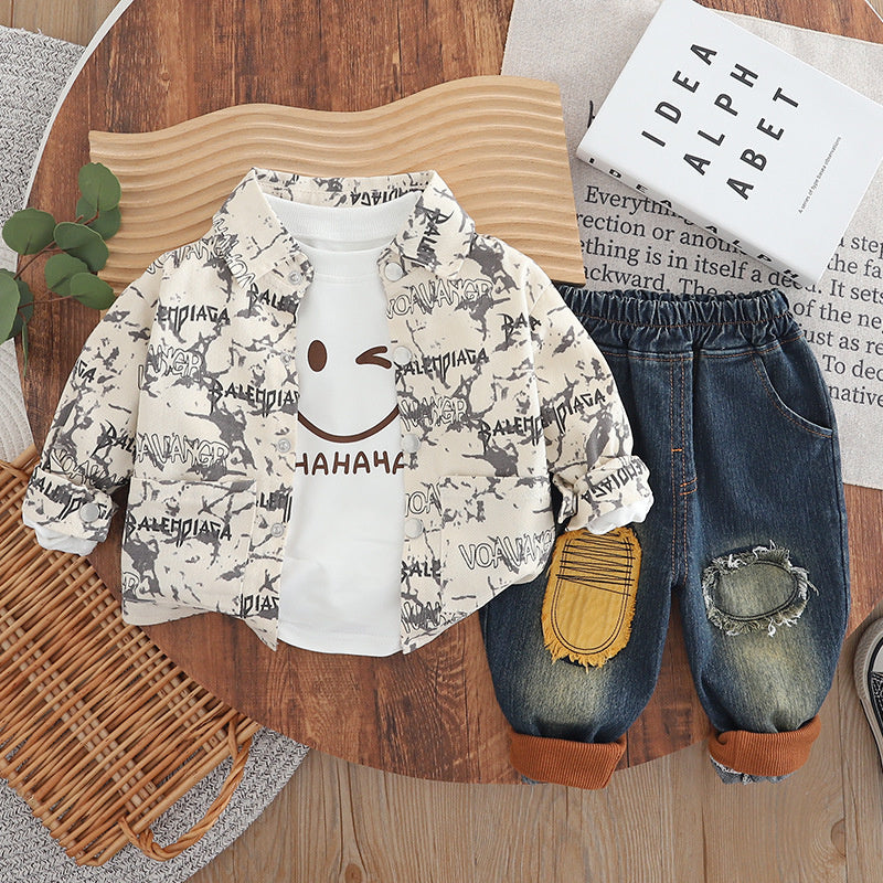 Boys' Toddler Clothing Autumn 2025 New Tie-Dye Smiley Face Jacket Casual Long Pants Children's Baby Three-Piece Set