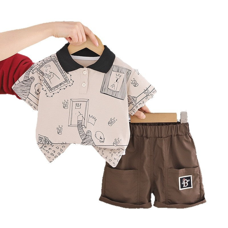 Boys' Outfit 2026 New Style Children's Summer Casual Lapel Graffiti Short Sleeve Two-Piece Set for Boys