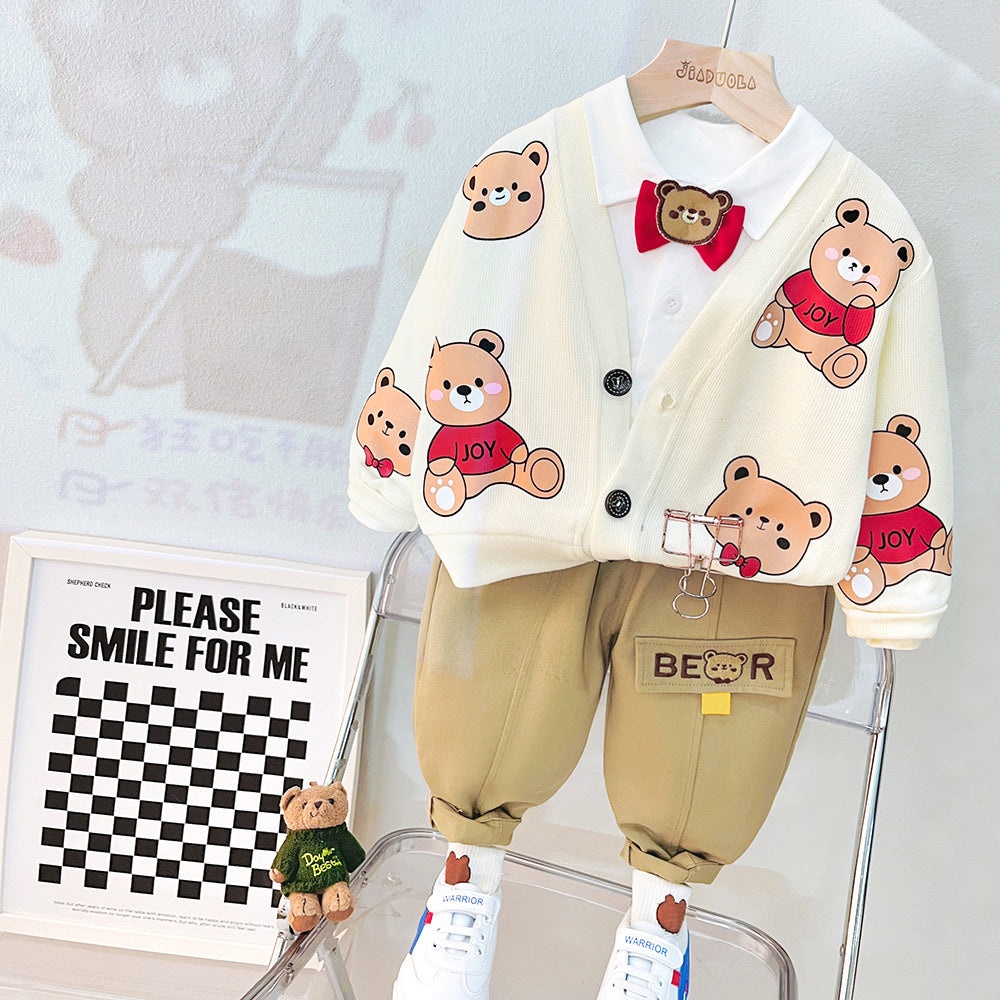 2023 Boys Long Sleeve Handsome Baby Boy Spring and Autumn Cute Bear Cardigan Little Children Three Piece Set