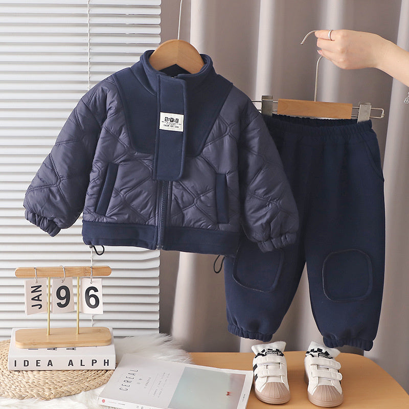 Clothing Boys' Children's Casual Fleece Lined Thickened Autumn Winter Outfit Baby High Collar Zipper Two-Piece Set Trendy