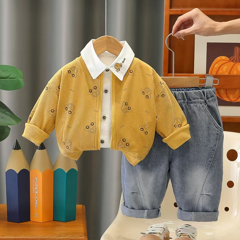 Boys' Outfit 2026 New Trendy Baby Spring and Autumn Stylish Car Jacket Three-Piece Set Infant Children's Clothing
