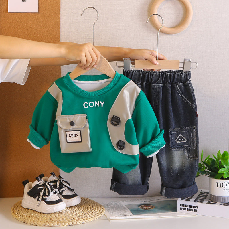 Boys' Stylish and Autumn Set 2026 New Spring Baby Long Sleeve Single Pocket Two-Piece Fashionable Toddler Outfit
