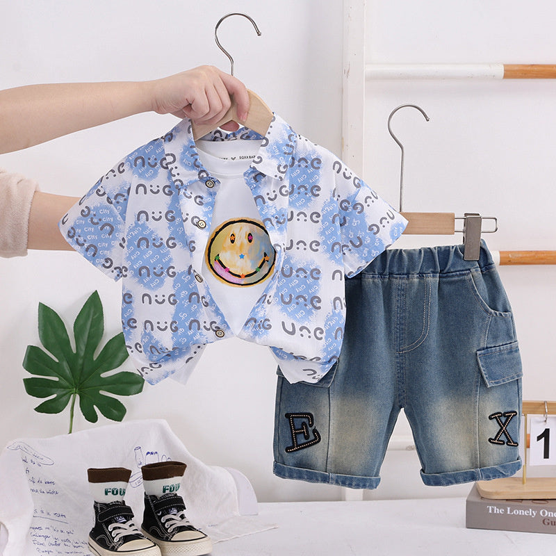Boys' Outfit 2026 New Children's Wear Short-Sleeve Stylish Baby Summer Smiley Face Shirt Three-Piece Set