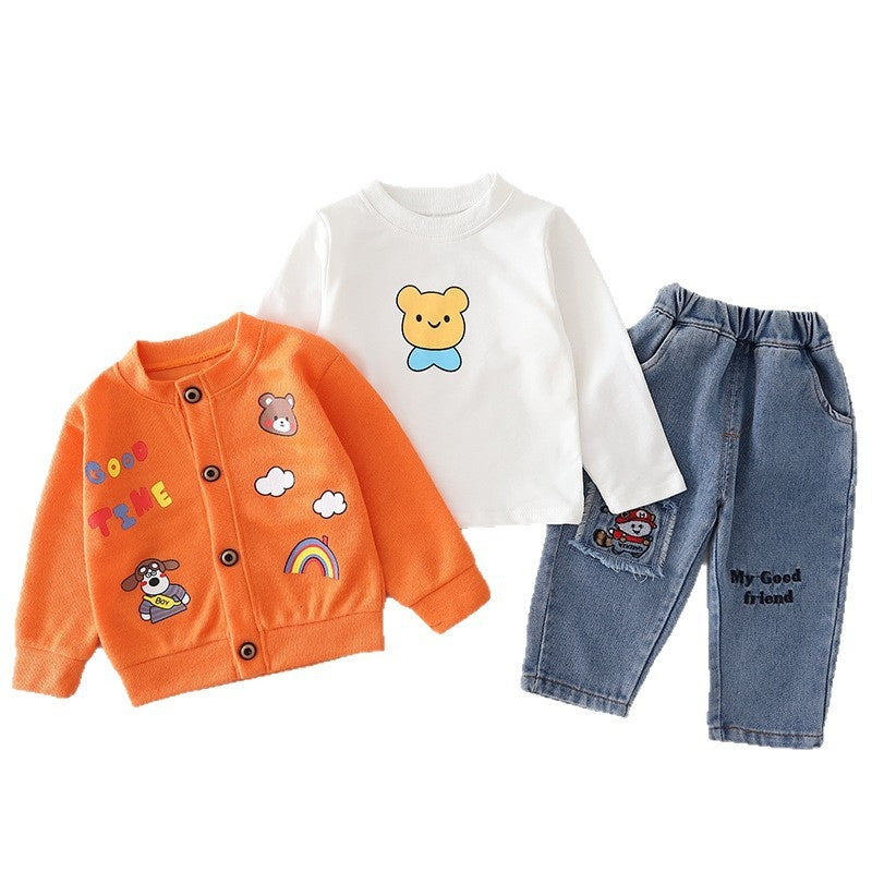 Boys' Outfit 2026 New Fashionable Bear Cardigan Three-Piece Set for Baby Boys Spring and Autumn Infant Children's Clothing