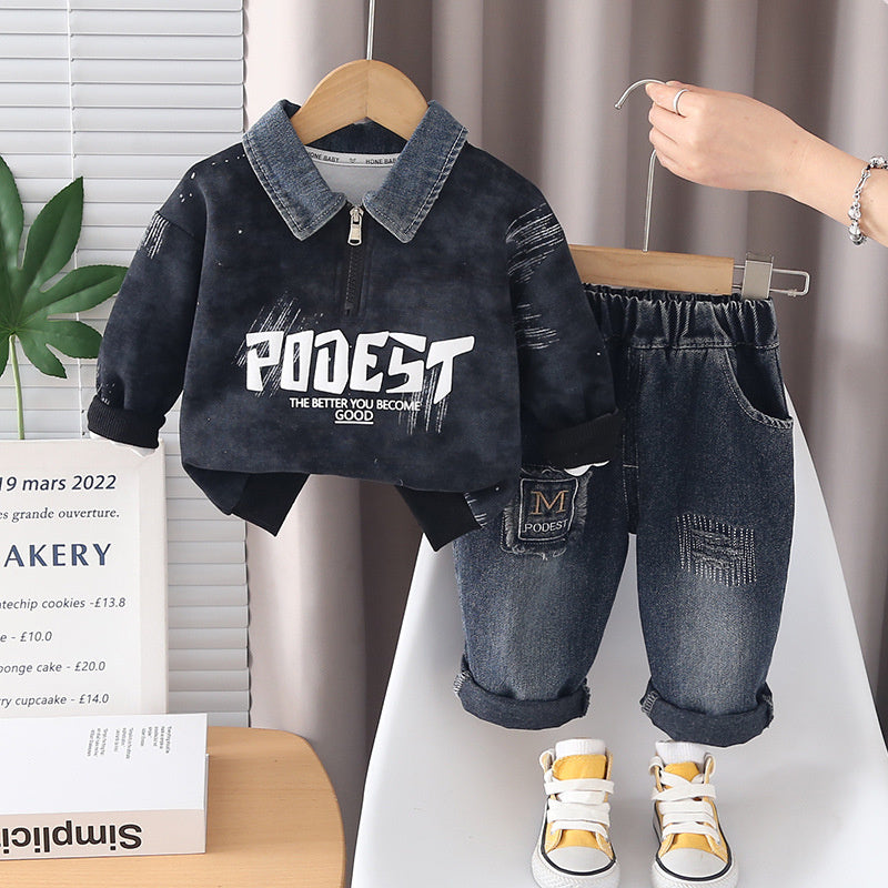 Boys' Outfit 2026 New Fashionable Children's Spring and Autumn Clothes Baby Boy's Foam Letter Sweatshirt Two-Piece Set