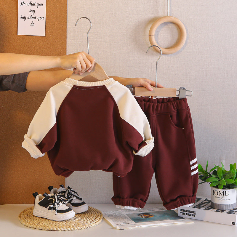 Baby Korean-style sweatshirt bag set, stylish boys' spring autumn clothing, infant and toddler two-piece trendy outfit