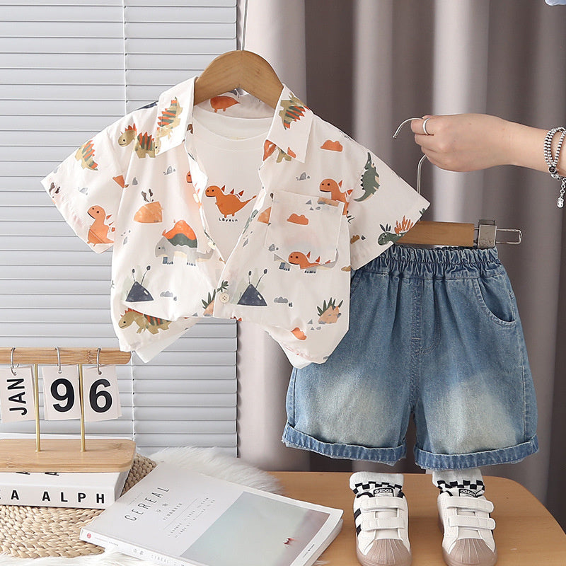 Boy Outfit Korean Style Summer Clothes Cartoon Full-Body Dinosaur Shirt Short Sleeve Shorts Baby Three-Piece Set