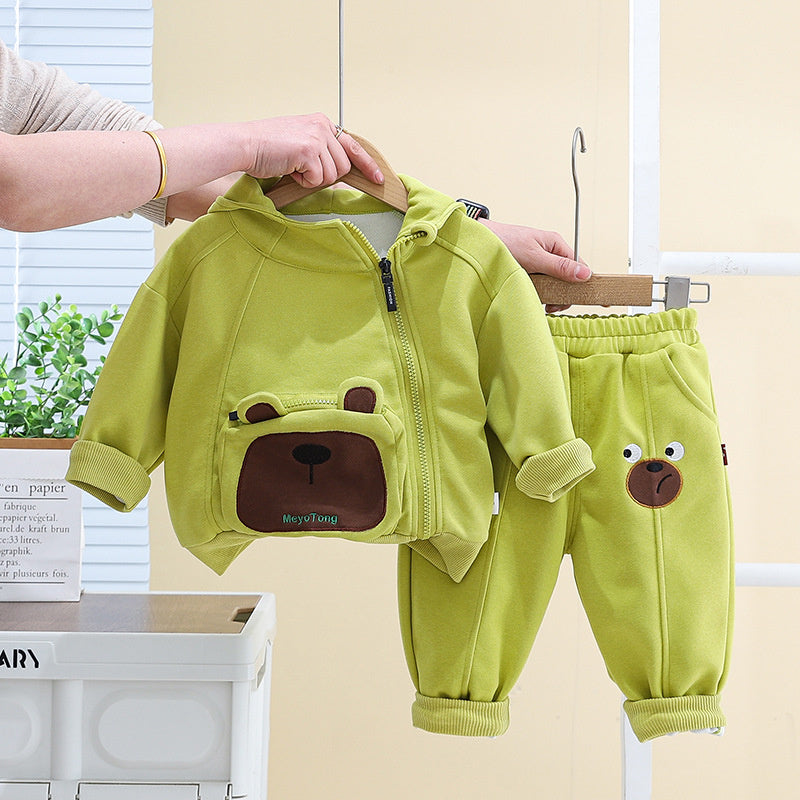 Boys' Spring Outfit with 3D Pocket Bear Zipper 2024 New Fashionable Children's Casual Two-Piece Set