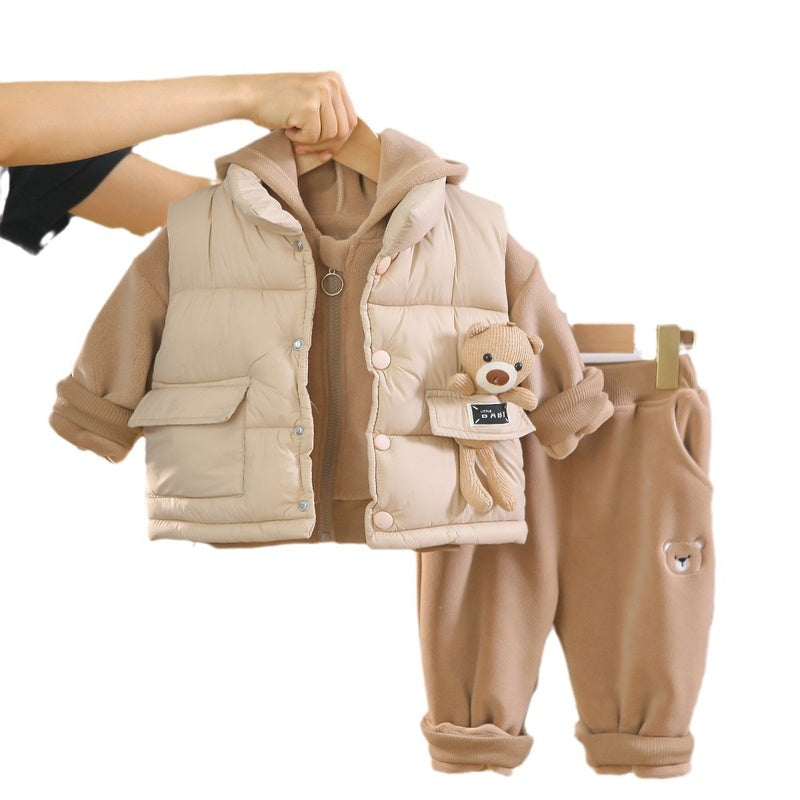 Baby Fleece-Lined Footed Bear Cotton Suit Thickened 2 Children's Clothes Boys' Autumn Clothing 1-Year-Old Infant Winter Outfit