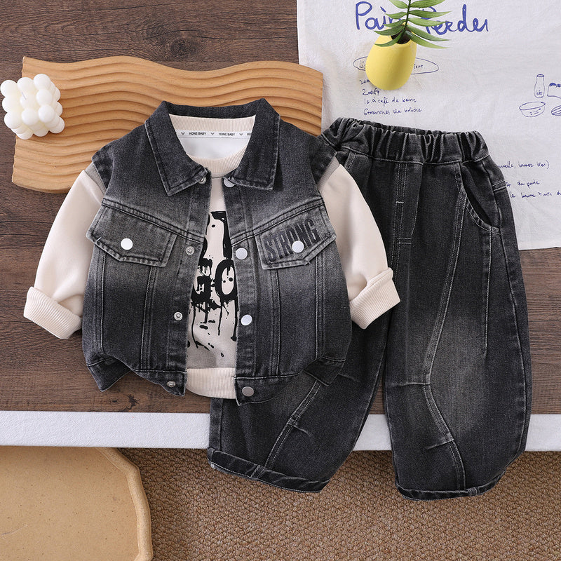 Boys' Denim Vest with Pockets Three-Piece Set 2026 New Fashionable Stylish Baby Clothes Spring and Autumn Outfit Trendy