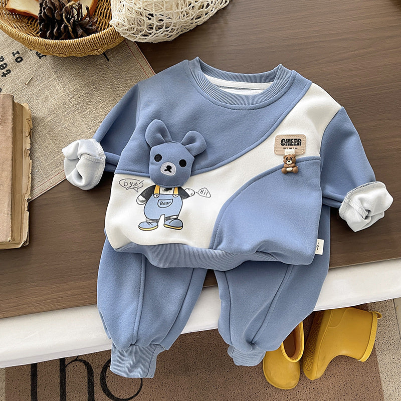 Baby Boy and Autumn 2026 New Fashionable Bear Sweatshirt Spring Cartoon Long Sleeve Two-Piece Set