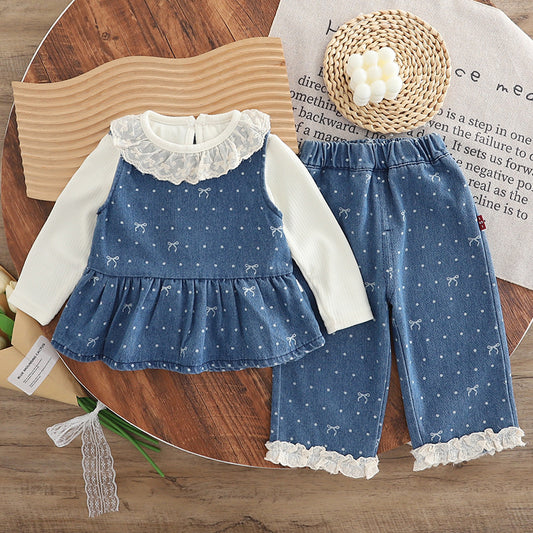 Girls' Stylish Outfit Lace Collar Denim Vest Three-Piece Set Baby Spring and Autumn Style Infant Children 2025 New Model