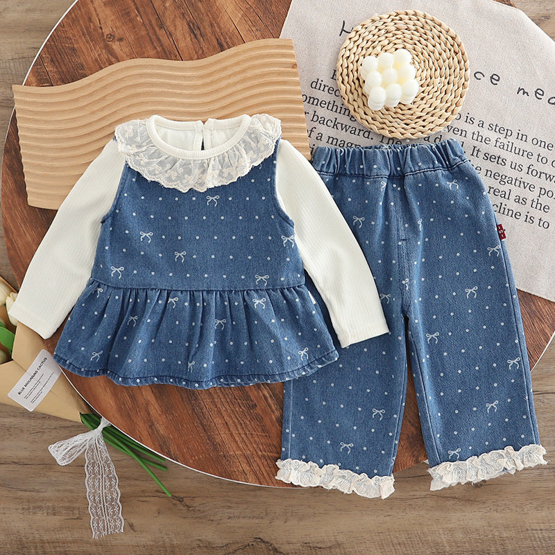 Girls' Stylish Outfit Lace Collar Denim Vest Three-Piece Set Baby Spring and Autumn Style Infant Children 2025 New Model