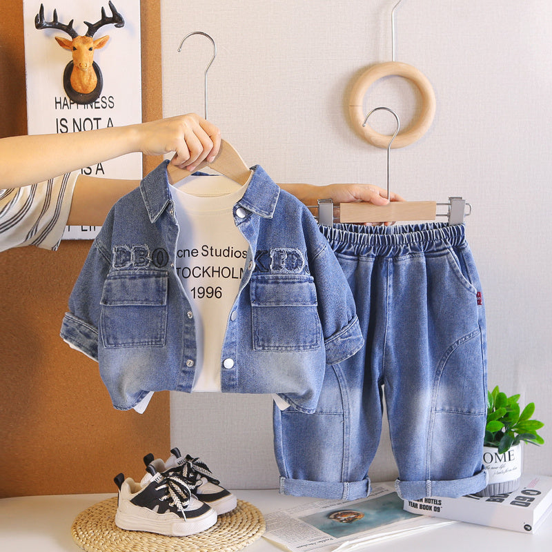 Children's clothing 2026 new outfit, Korean-style letter denim three-piece set boys, suitable for spring and autumn