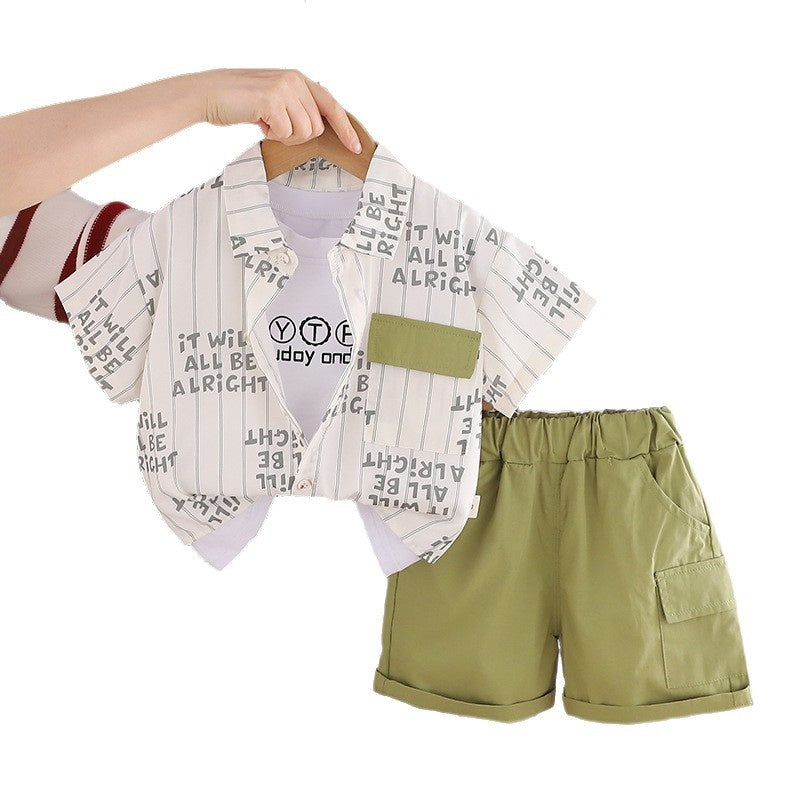 Boys' Outfit: Vertical Stripe Letter Print Short Sleeve Set, New Baby Summer Clothes, Lightweight Children's Shirt Three-Piece Trendy Set