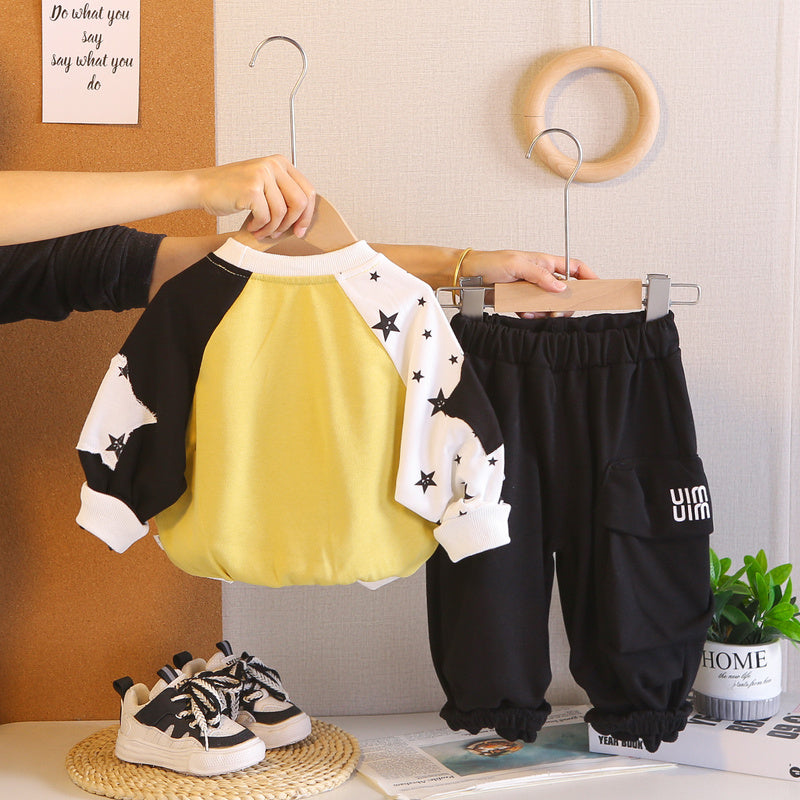 Boys' Spring Autumn Outfit 2026 New Style Puppy Color-Block Sweatshirt and Pants Stylish Casual Two-Piece Set Trendy Children's Clothing