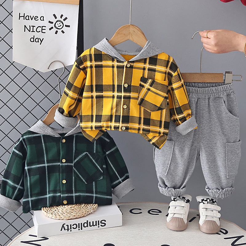and Autumn Casual Hooded Plaid Shirt Set for Toddlers 1-3 Years Old, Baby Outerwear, Boys' Spring Outfit