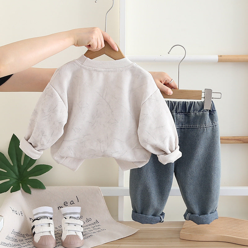 Boys' Spring and Sweatshirt 2025 New Stylish Baby Boy Autumn Letter Patch Long Sleeve Two-Piece Set