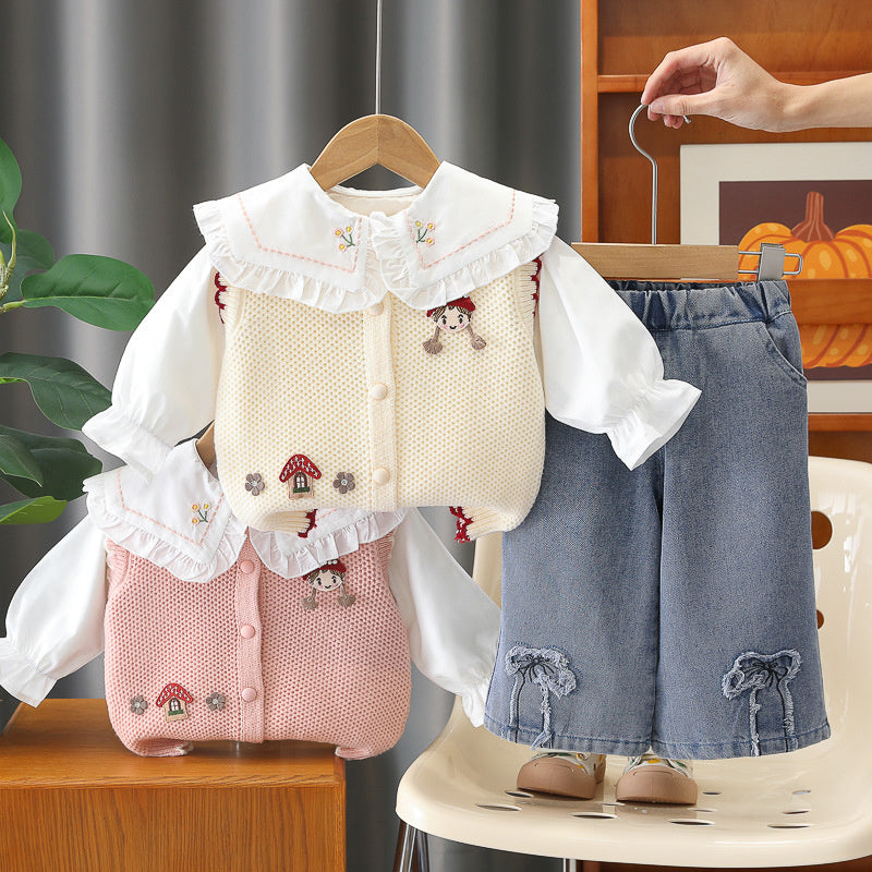 Girls' Spring and Autumn Long Sleeve Outfit 2026 New Baby Children's Clothing Cartoon Mushroom Sweater Three-Piece Set Trendy