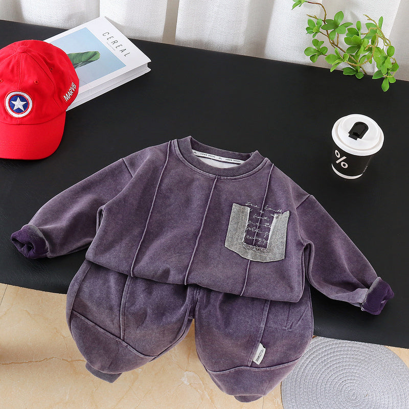 Boys' Spring and Autumn Outfit New Fashionable Baby Children's Clothing Casual Long-Sleeve Solid Color Sweatshirt Two-Piece Set