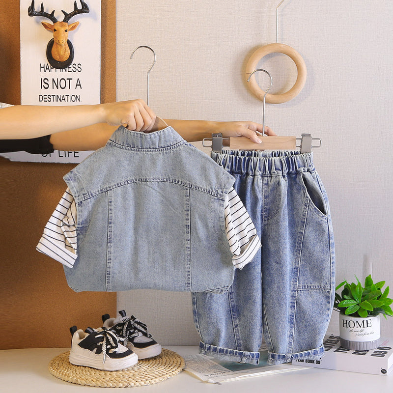 Boy's Trendy Stylish Striped Denim Vest Set 2026 New Model Infant Baby Children's Clothing Boys' Spring and Autumn Outfit