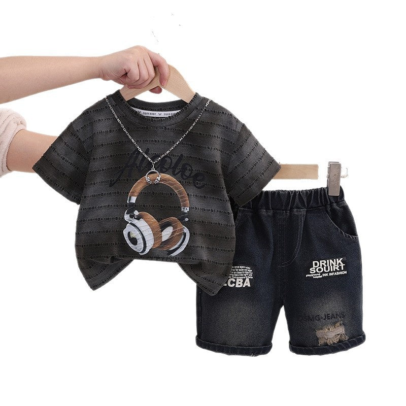 Children's 2026 New Style Boys' Casual Chain Earphone Short Sleeve Clothes Baby Summer Fashion Outfit