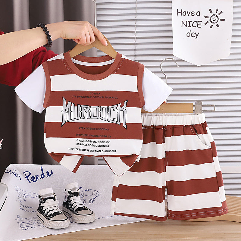 Boys' Outfit: Wide-Striped Letter Print Short-Sleeve Two-Piece Set, 2026 New Fashionable Baby Summer Thin Clothing Trend