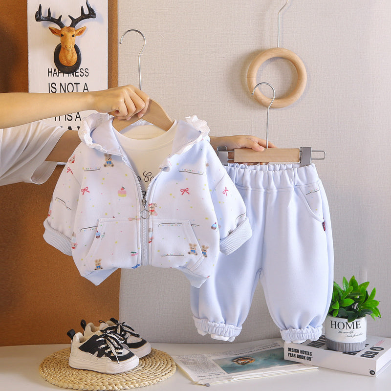 Girls' outfit with all-over bunny print jacket, stylish children's spring and wear, Korean-style casual three-piece set for baby girls in autumn