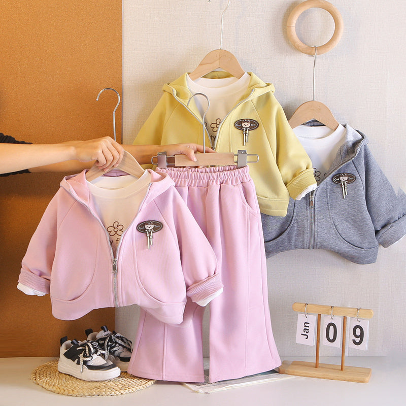 Girls' and Autumn Zipper Hoodie Three-Piece Set Infant Casual Outfit 1-4 Years Old Baby Spring Clothes Stylish for Babies