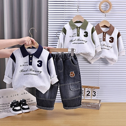 Boys' Outfit Turn-down Collar 2026 New Style Children's Two-piece Set with Contrasting Colors Fashionable Baby Spring and Autumn Trendy Clothing