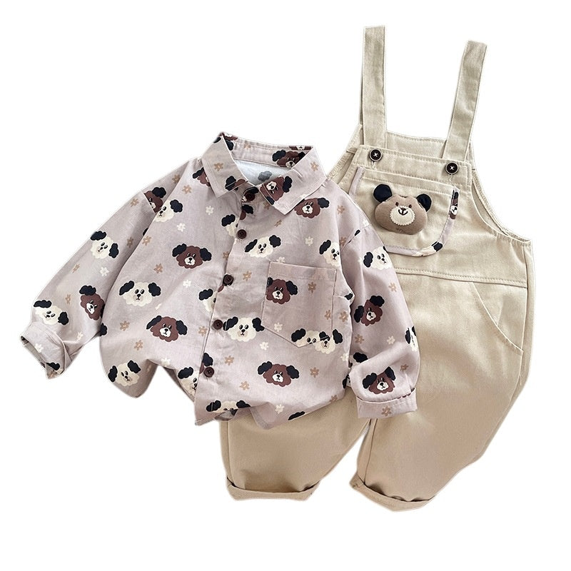 Boys' Outfit 2026 New Children's Spring Autumn Full-Print Puppy Shirt and Overalls Two-Piece Set for Trendy Babies