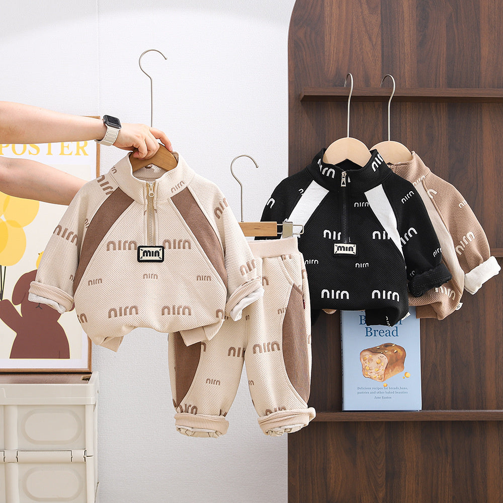 Boys' Outfit Children's Stylish Jacquard Letter Half-Zip Two-Piece Set Baby Spring and Autumn Clothes for Boys