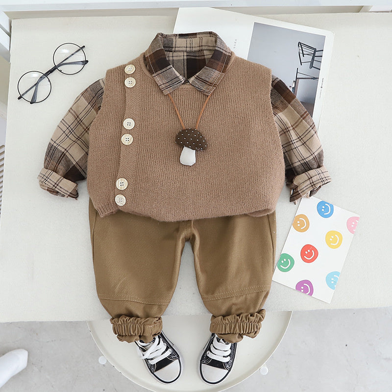 Boys' Spring Outfit 2025 New Style 0-1-5 Years Old Baby Double Button Large Plaid Vest Three-Piece Set Fashionable