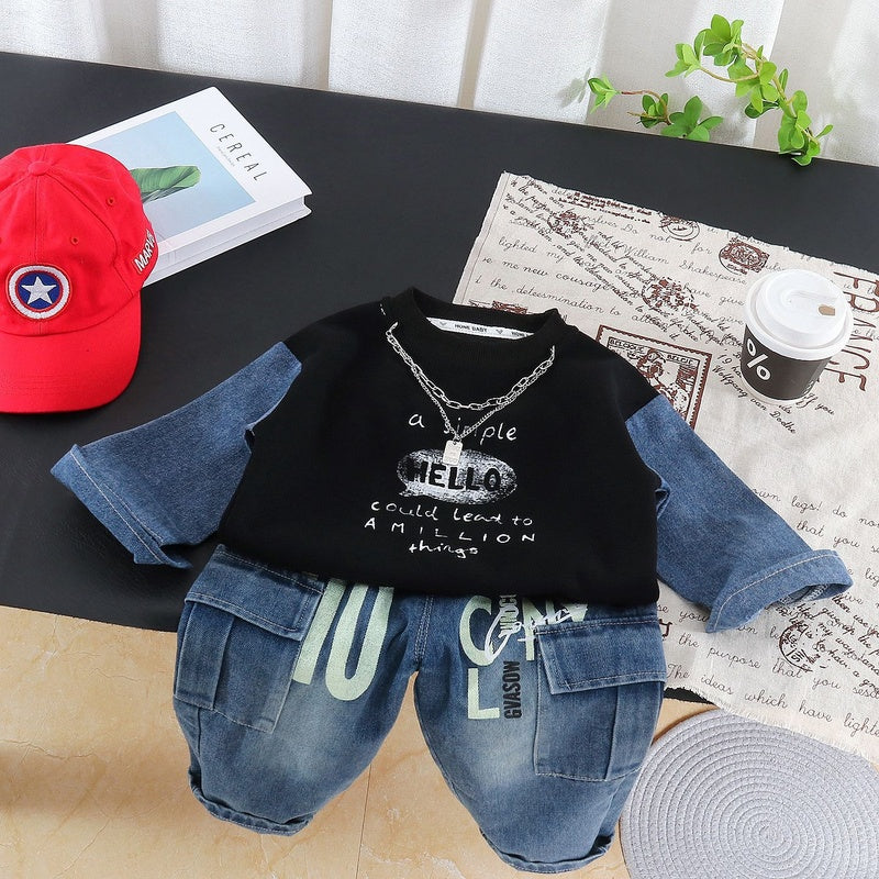 Boys' Outfit 2026 New Style Infant Children's Spring and Autumn Letter Patchwork Sweatshirt Two-Piece Set for Stylish Baby Boys