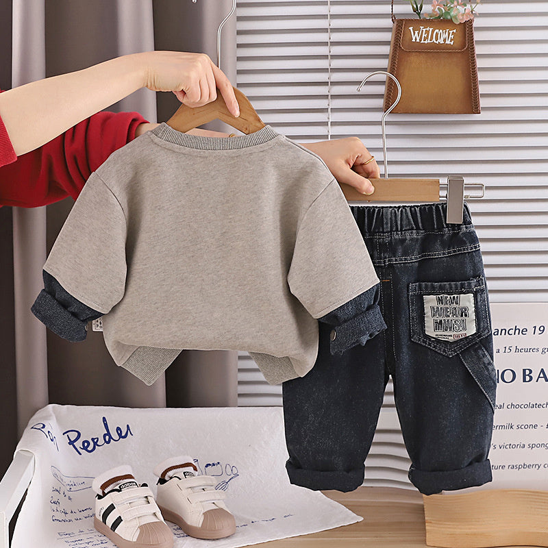 Boys' Outfit 2026 Spring and Autumn Clothes Infant Children's Denim Pocket Sweatshirt Baby Stylish Two-Piece Set Trendy