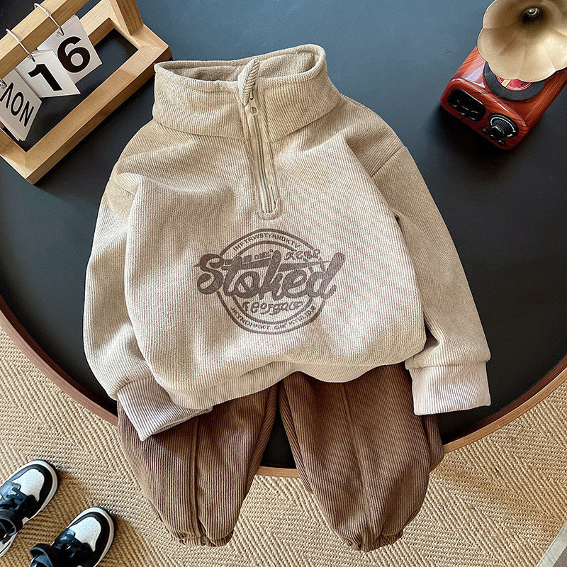 Baby Boy Fleece-Lined Half Turtleneck Zipper Set Toddler Autumn 2 Infant Clothes 3 Children's Clothing 1 to 4 Years Old Boys Winter