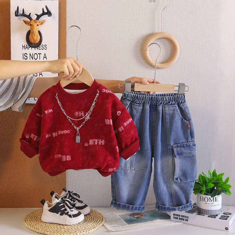 Boys' Spring Autumn Outfit 2026 New Style Baby Casual Round Neck Necklace Sweatshirt and Pants Two-Piece Set for 1-3-5 Years Old Trendy