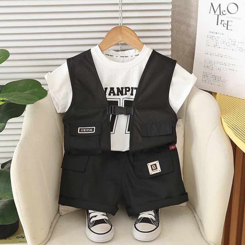 Boys' Outfit Set 2026 New Style Young Children, Short-Sleeve Vest Three-Piece Set, Stylish and Cool for Babies in Summer