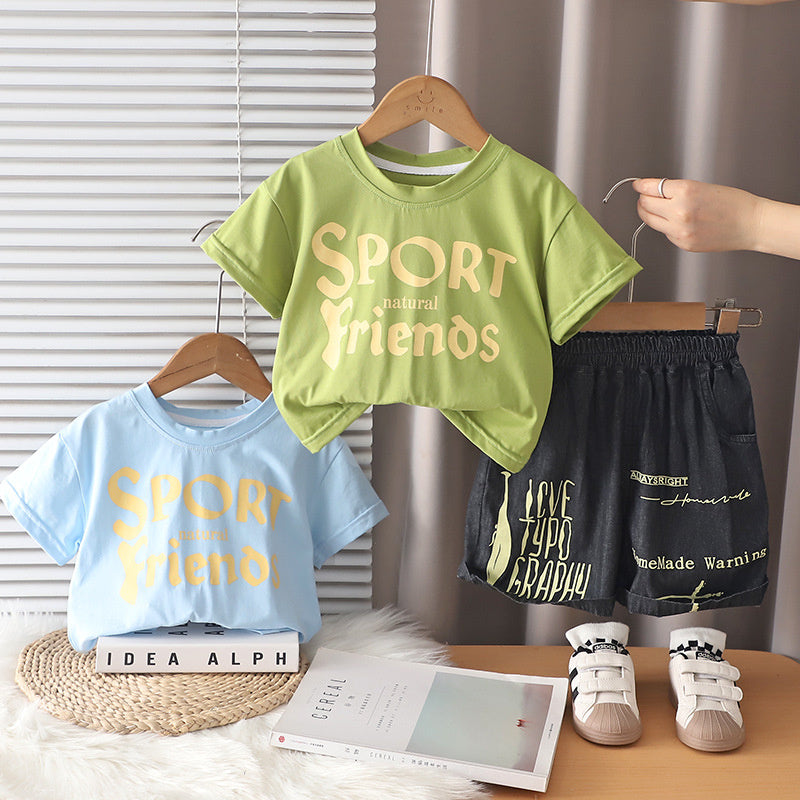 Boys' Outfit 2026 New Style Infant Children's Summer Clothes Stylish Baby Boy Letter Print Short Sleeve Two-Piece Set