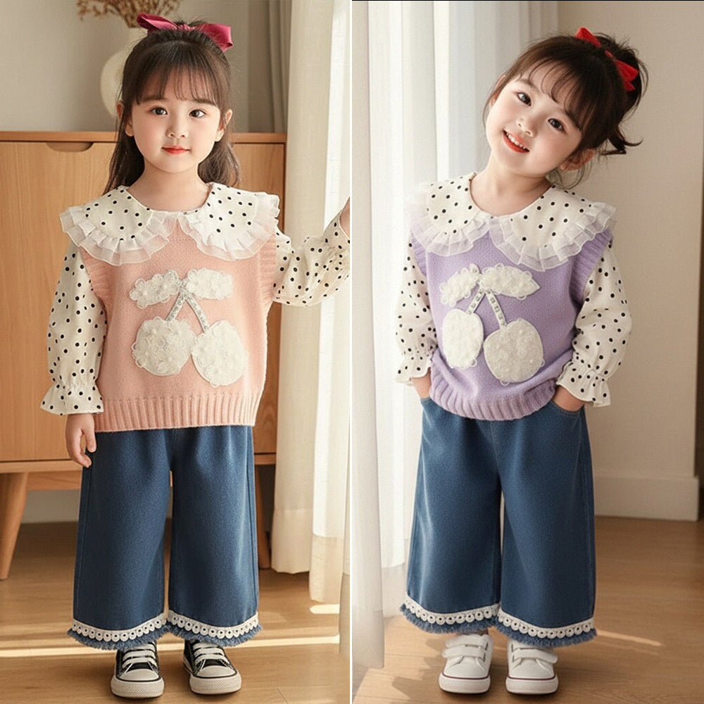 Girls' Outfit 2026 New Fashionable Children's Big Cherry Sweater Three-Piece Set Baby Spring and Autumn Clothes