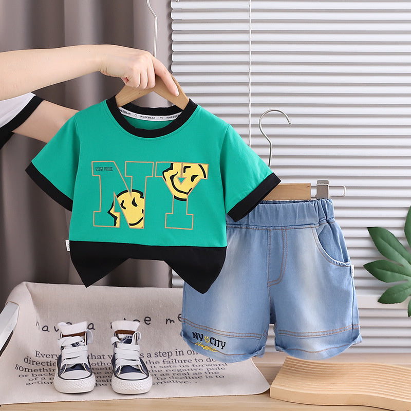 Boys' Short-Sleeve Outfit 2026 New Fashionable Children's Letter Print Big Smiley Face Baby Summer Color-Block Trendy Clothes