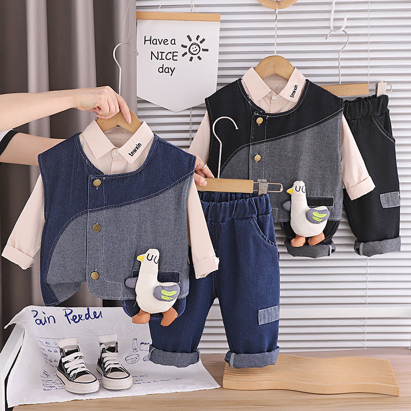 Children's Outfit 2026 New Spring and Autumn Little Duck Denim Vest Three-Piece Set 0-5 Year Olds, Trendy for Young Children