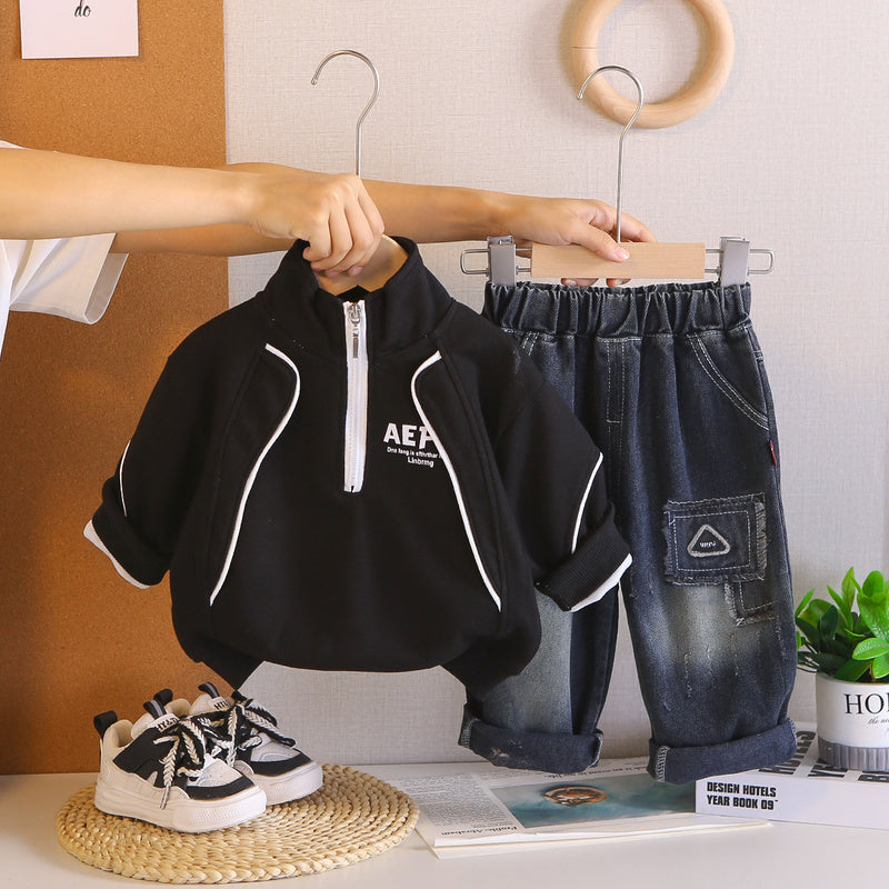 Boys' Outfit 2026 New Fashionable Two-Piece Set Baby Spring and Autumn Casual Half-Zip Sweatshirt Toddler Sportswear